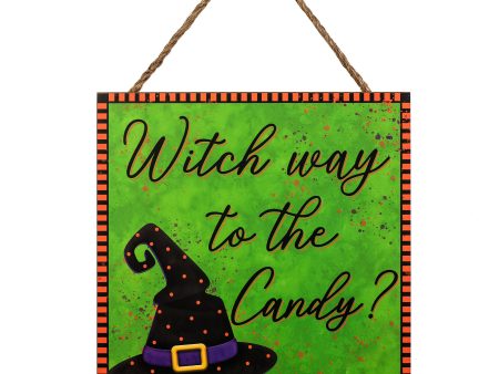 10  Square Wooden Sign: Witch Way To The Candy Hot on Sale