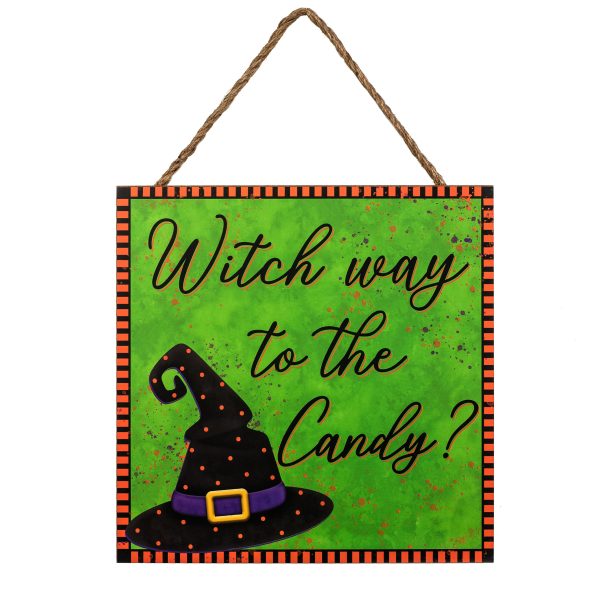 10  Square Wooden Sign: Witch Way To The Candy Hot on Sale