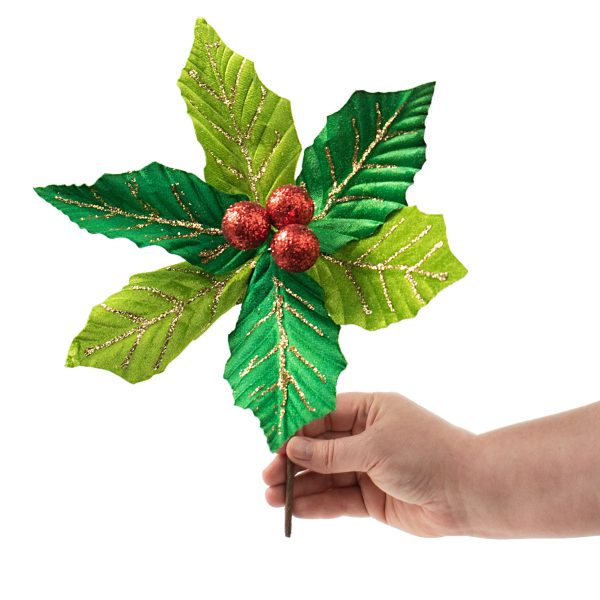 10  Glitter Holly Poinsettia Pick: Green & Red Online Hot Sale