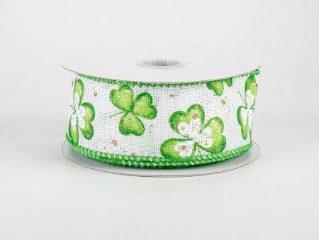 1.5  Watercolor Shamrocks Ribbon: White (10 Yards) For Cheap