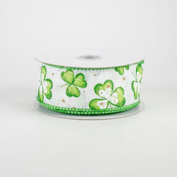 1.5  Watercolor Shamrocks Ribbon: White (10 Yards) For Cheap