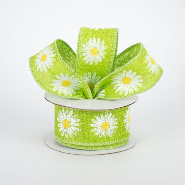 1.5  Linen Daisy Ribbon: Green (10 Yards) For Cheap