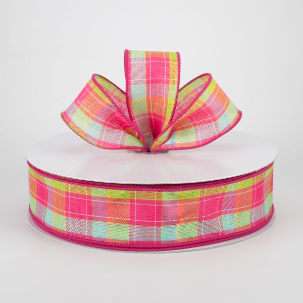 1.5  Emily Plaid Ribbon: Fuchsia, Aqua, Lime, Yellow (50 Yards) Supply