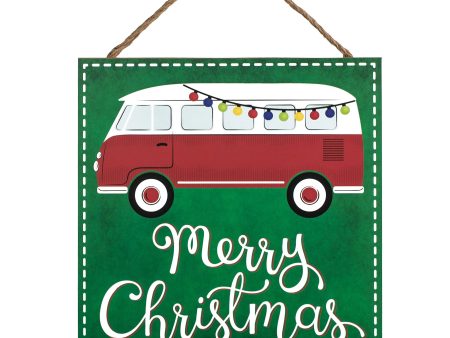 10  Square Wooden Sign: Merry Christmas Vintage Bus Sale