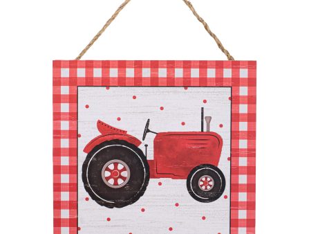 10  Square Wooden Sign: Tractor, Gingham Border Online