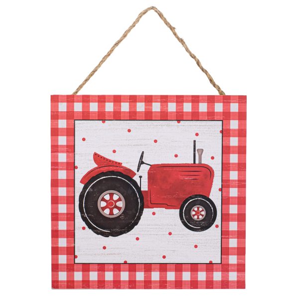 10  Square Wooden Sign: Tractor, Gingham Border Online