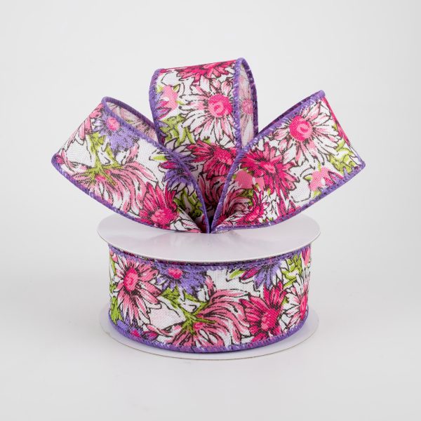 1.5  Watercolor Daisies Ribbon: Pink & Purple (10 Yards) Supply