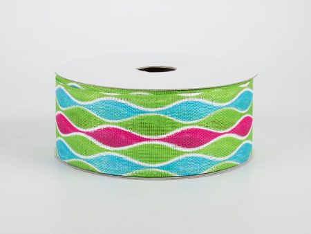 1.5  Wave Stripes Ribbon: Fuchsia, Lime, Turquoise (10 Yards) For Sale