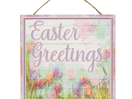 10  Square Wooden Sign: Tulip Easter Greetings For Sale