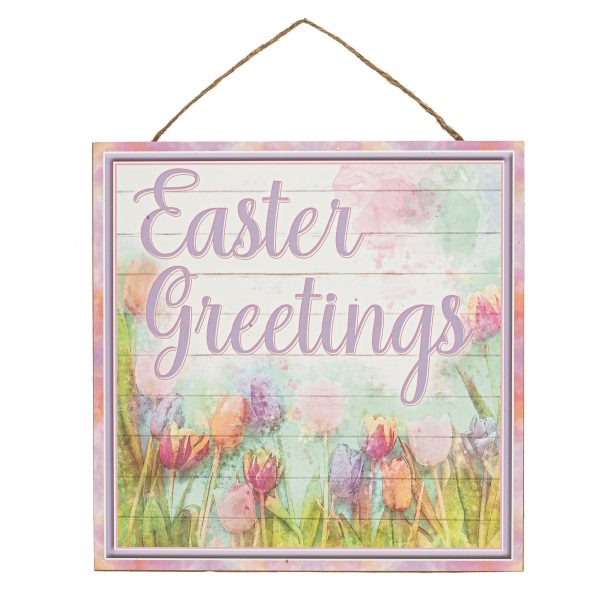 10  Square Wooden Sign: Tulip Easter Greetings For Sale