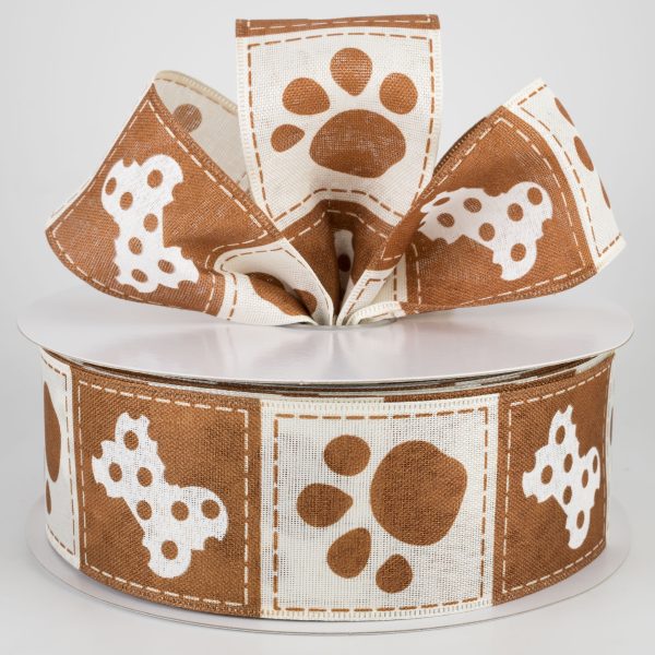 2.5  Doggie Paw Prints Bones Ribbon: Brown & Ivory (50 Yards) For Discount