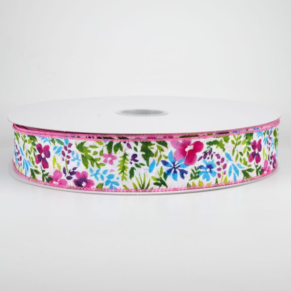 1.5  Watercolor Flowers on Linen Ribbon: Fuchsia & Blue (50 Yards) Online Sale