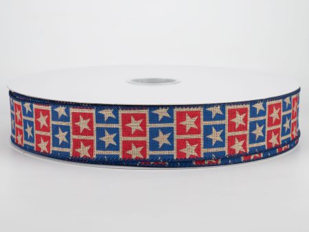 1.5  Star Squares Ribbon: Dark Natural, Red, Blue (50 Yards) Online Hot Sale