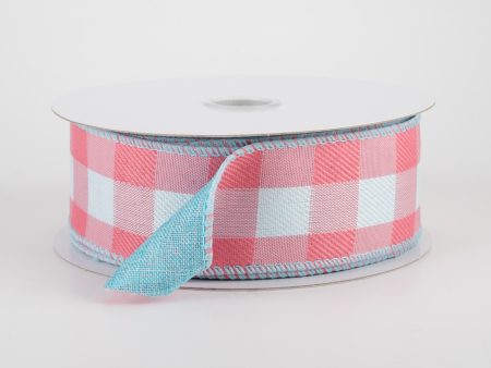 1.5  2-Sided Buffalo Plaid & Linen Ribbon: Coral, White, Aqua (10 Yards) For Discount