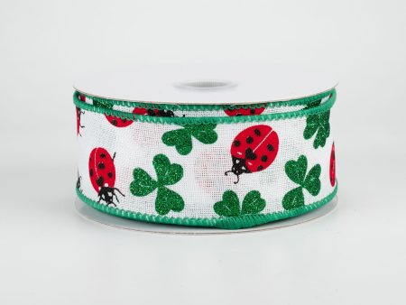 1.5  Shamrocks & Ladybugs Ribbon: White (10 Yards) Cheap