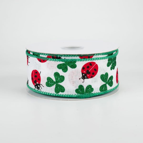 1.5  Shamrocks & Ladybugs Ribbon: White (10 Yards) Cheap