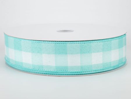 1.5  Woven Buffalo Plaid Ribbon: Aqua & White (50 Yards) For Sale