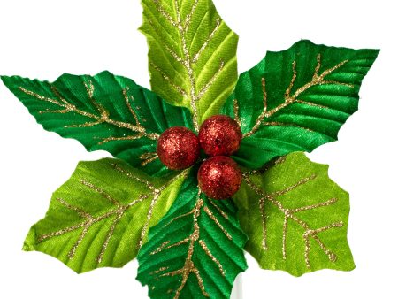 10  Glitter Holly Poinsettia Pick: Green & Red Online Hot Sale