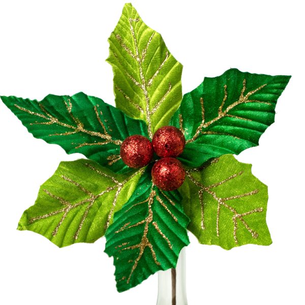 10  Glitter Holly Poinsettia Pick: Green & Red Online Hot Sale