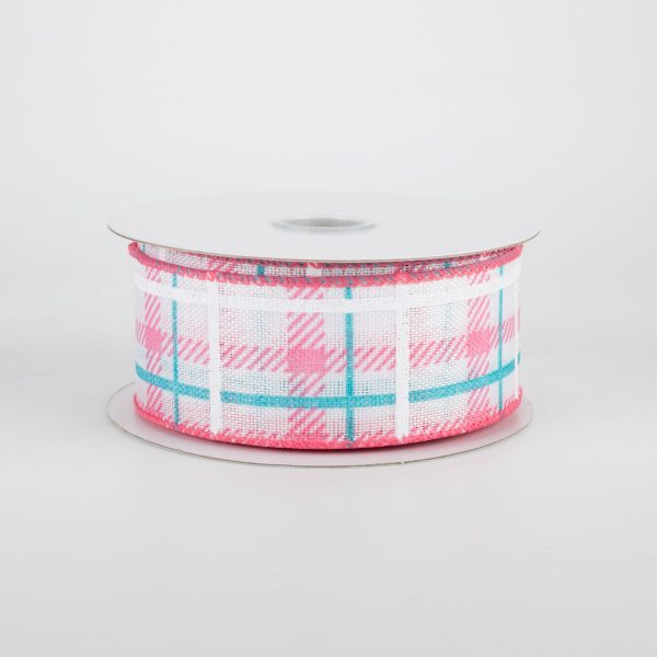 1.5  Iridescent Print Plaid Ribbon: Coral, Aqua, White (10 Yards) Discount