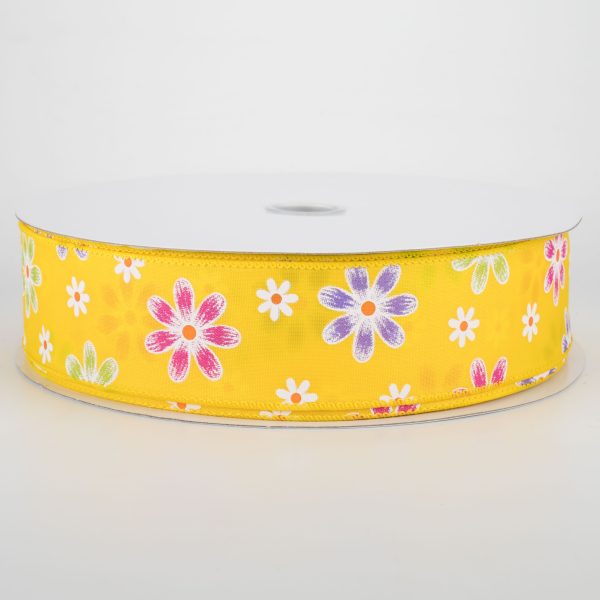 1.5  Brushed Spring Daisies Ribbon: Daffodil Yellow (50 Yards) Online Hot Sale