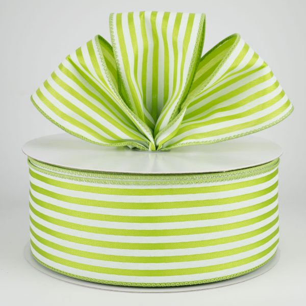 2.5  Cabana Stripes Ribbon: White on Kiwi Green Satin (50 Yards) Sale