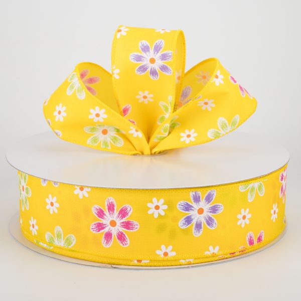 1.5  Brushed Spring Daisies Ribbon: Daffodil Yellow (50 Yards) Online Hot Sale