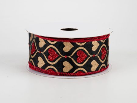 1.5  Glitter Hourglass Hearts Ribbon: Black, Red, Gold (10 Yards) Discount