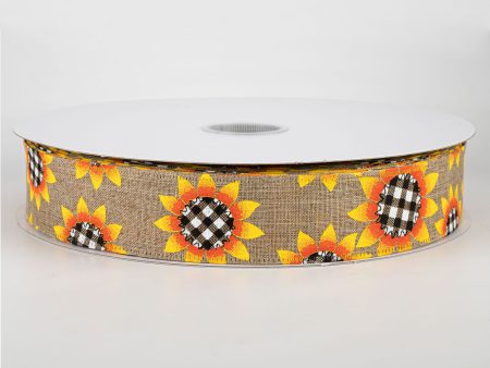 1.5  Linen Buffalo Plaid Sunflower Ribbon: Natural (50 Yards) Online Hot Sale