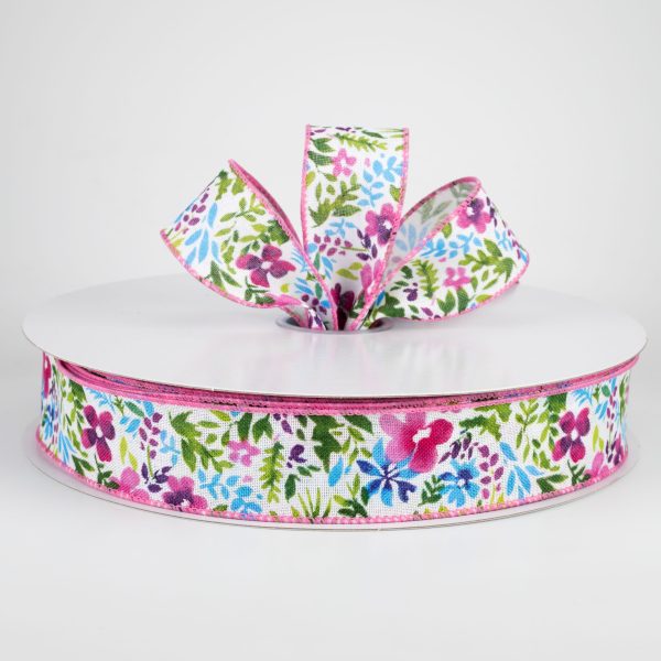 1.5  Watercolor Flowers on Linen Ribbon: Fuchsia & Blue (50 Yards) Online Sale