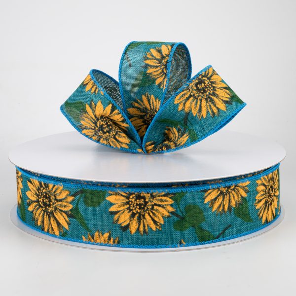 1.5  Linen Sunflower Ribbon: Teal (50 Yards) Online now