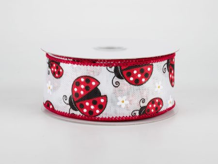 1.5  Ladybugs Daisies Ribbon: White (10 Yards) Hot on Sale