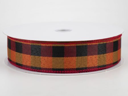 1.5  Linen Check Buffalo Plaid Ribbon: Red, Black, Orange (50 Yards) Sale