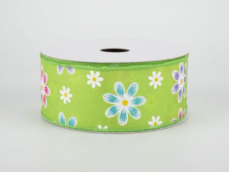 1.5  Brushed Spring Daisies Ribbon: Lime (10 Yards) Hot on Sale