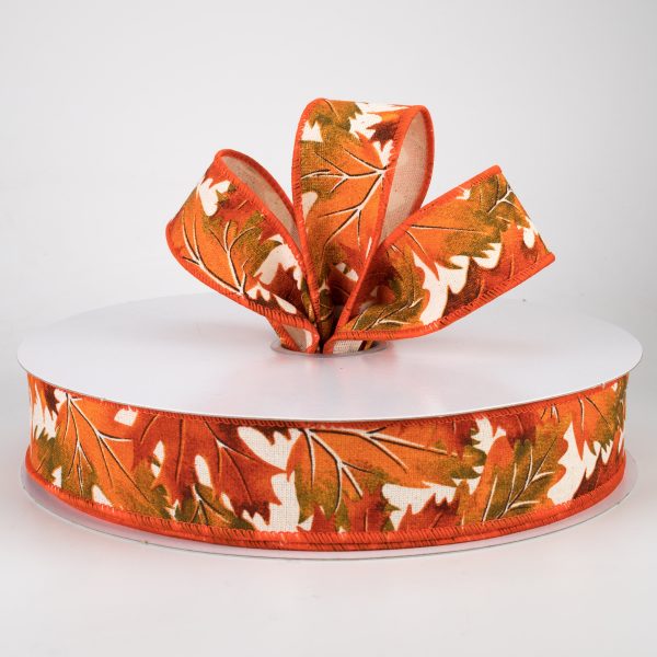 1.5  Fall Leaves Ribbon: Ivory, Rust, Orange, Moss (50 Yards) Fashion