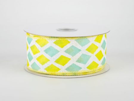 1.5  Mosaic Diamond Pattern Ribbon: Yellow & Aqua (10 Yards) Cheap