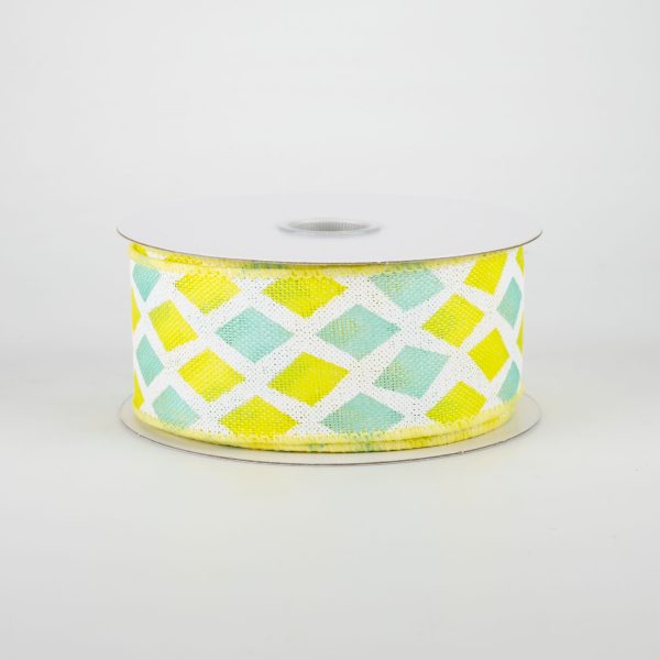 1.5  Mosaic Diamond Pattern Ribbon: Yellow & Aqua (10 Yards) Cheap