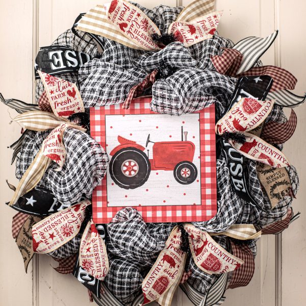 10  Square Wooden Sign: Tractor, Gingham Border Online