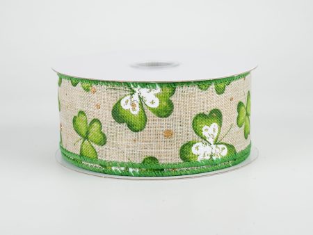 1.5  Watercolor Shamrocks Ribbon: Natural (10 Yards) For Sale