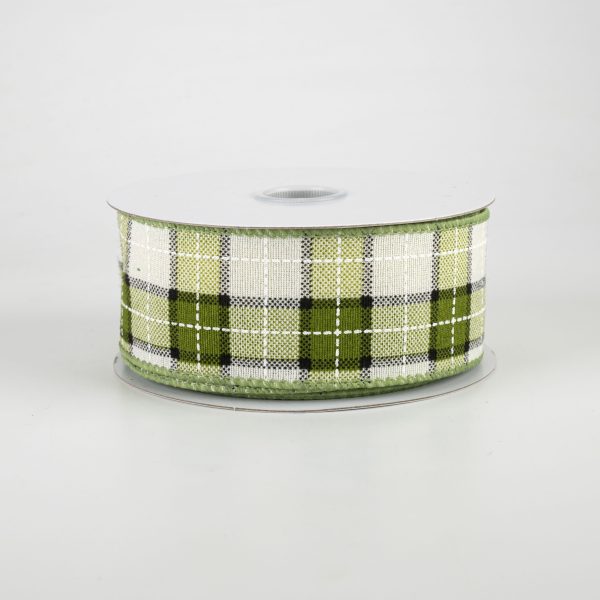 1.5  Windowpane Plaid Ribbon: Olive, Ivory, Black (10 Yards) For Cheap