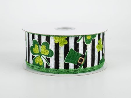 1.5  St. Patrick s Clovers & Hats Stripe Ribbon (10 Yards) Sale