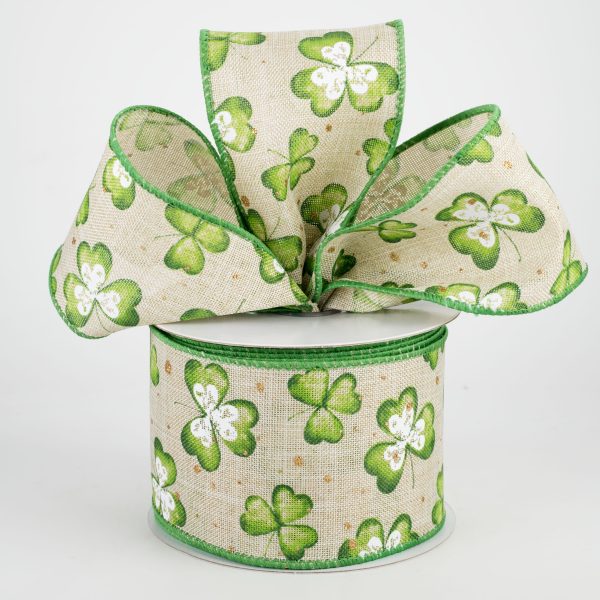 2.5  Watercolor Shamrocks Ribbon: Natural (10 Yards) For Cheap