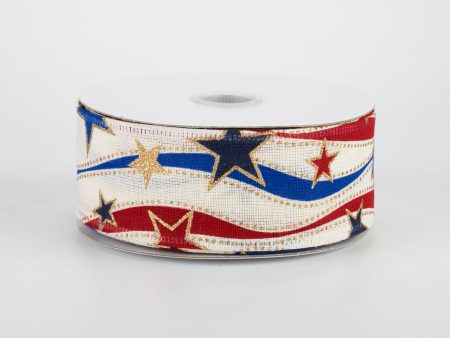 1.5  Red, Blue, Gold Stars Ribbon: Ivory (10 Yards) Sale