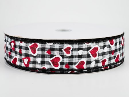 1.5  Red Glitter Hearts & Check Ribbon (50 Yards) Fashion