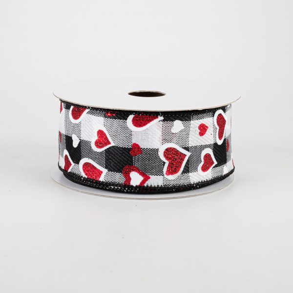 1.5  Hearts On Buffalo Plaid Ribbon: Black, White, Red (10 Yards) on Sale