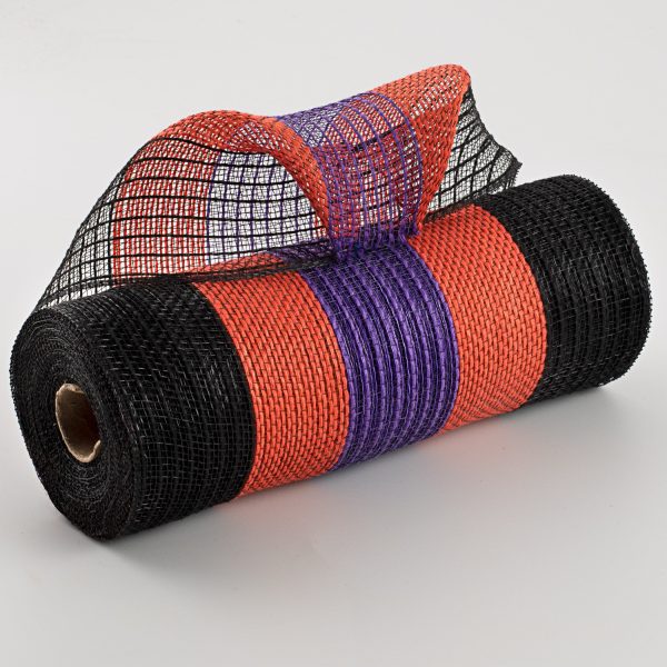 10  Poly Jute Deco Mesh: Black, Orange, Purple Wide Stripe Fashion