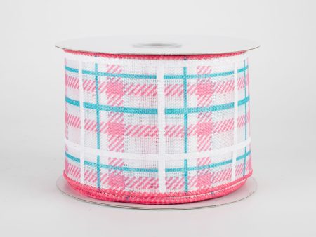 2.5  Iridescent Print Plaid Ribbon: Coral, Aqua, White (10 Yards) Fashion