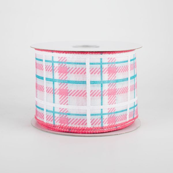 2.5  Iridescent Print Plaid Ribbon: Coral, Aqua, White (10 Yards) Fashion