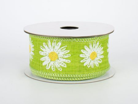 1.5  Linen Daisy Ribbon: Green (10 Yards) For Cheap