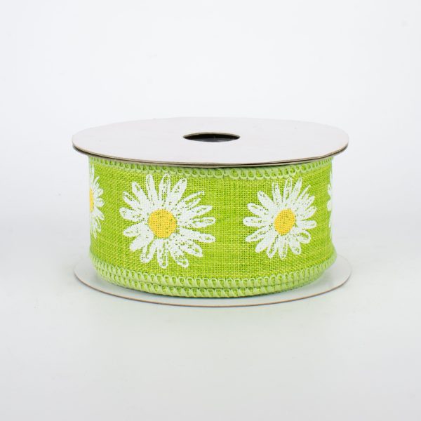 1.5  Linen Daisy Ribbon: Green (10 Yards) For Cheap